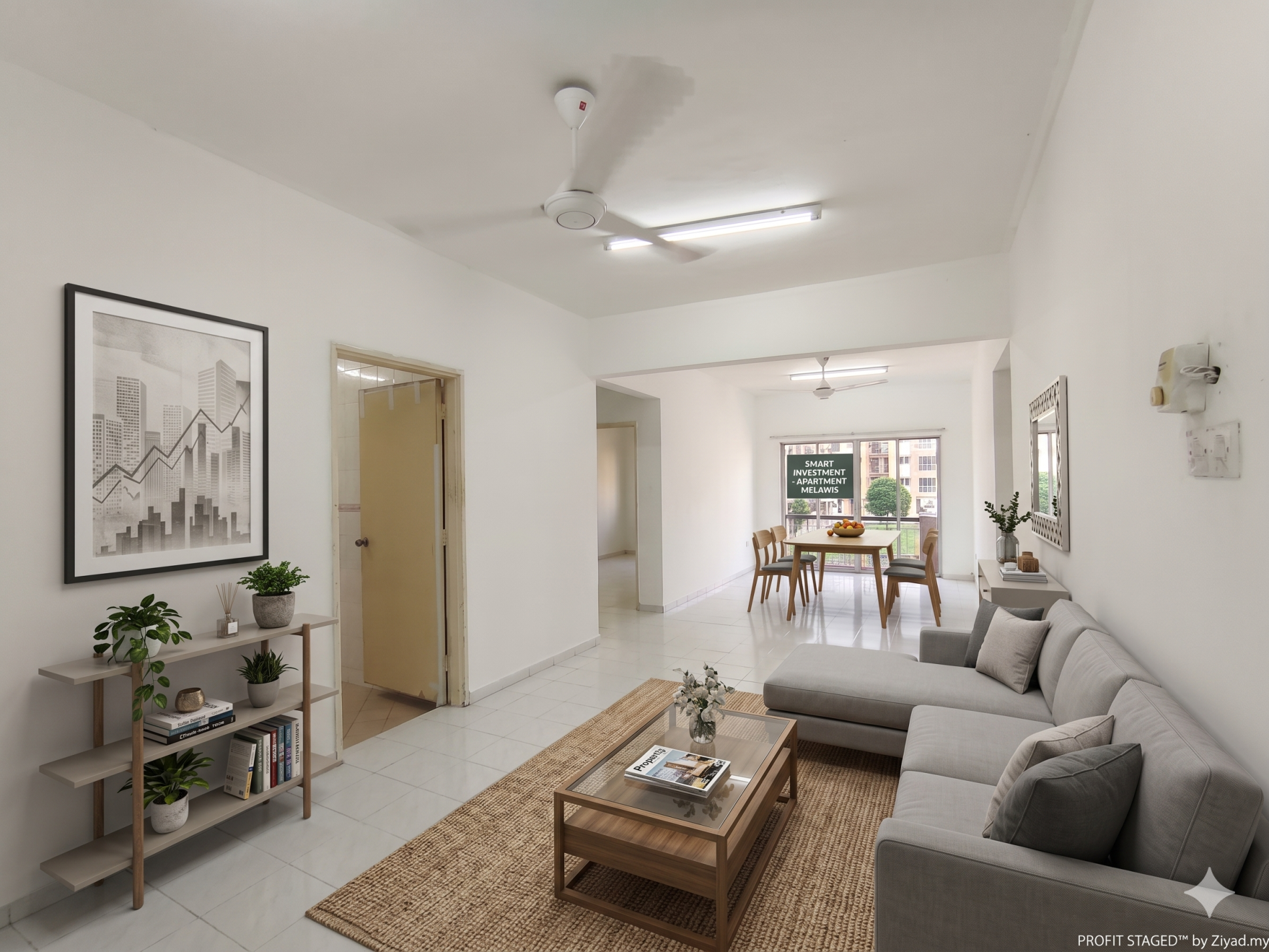 Ruang tamu dan ruang makan Apartment Melawis yang luas, dengan lantai jubin berkilat dan dinding putih bersih. Ia kini dilengkapi dengan set sofa L yang empuk, meja kopi, set meja makan untuk empat orang, dan rak buku. Suasana yang selesa dan siap didiami menunjukkan potensi pelaburan yang tinggi