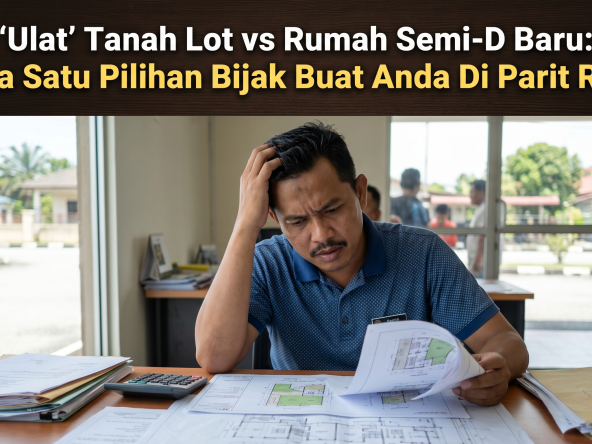 Seorang lelaki kelihatan sangat pening dan bingung menguruskan dokumen tanah dan pelan rumah di meja, menggambarkan dilema antara membeli tanah lot atau rumah Semi-D baru.