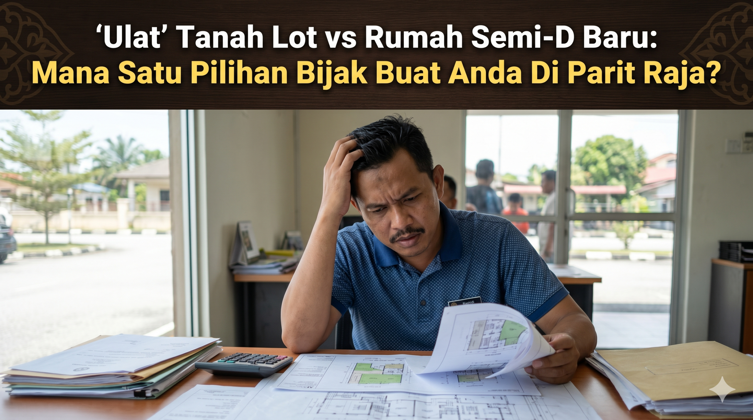 Seorang lelaki kelihatan sangat pening dan bingung menguruskan dokumen tanah dan pelan rumah di meja, menggambarkan dilema antara membeli tanah lot atau rumah Semi-D baru.